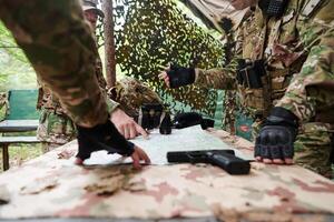 A highly trained military unit strategizes and organizes a tactical mission while studying a military map during a briefing session photo