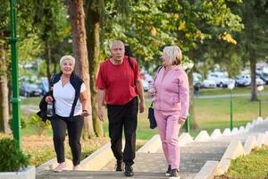 A group of senior friends takes a well-deserved break in nature, fostering not only fitness but also camaraderie and a shared commitment to maintaining a healthy and active lifestyle in their golden photo