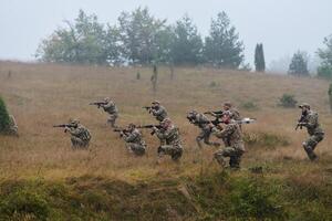 A disciplined and specialized military unit, donned in camouflage, strategically patrolling and maintaining control in a high-stakes environment, showcasing their precision, unity, and readiness for photo