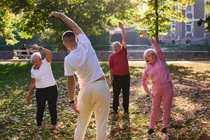 A group of seniors follows a trainer, engaging in outdoor exercises in the park, as they collectively strive to maintain vitality and well-being, embracing an active and health-conscious lifestyle in photo