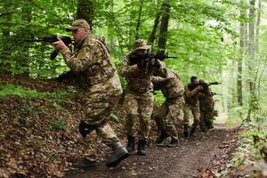 A disciplined and specialized military unit, donned in camouflage, strategically patrolling and maintaining control in a high-stakes environment, showcasing their precision, unity, and readiness for photo