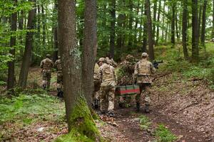 Elite military unit, cloaked in camouflage, transports a crate of ammunition through the dense forest, epitomizing strategic readiness and precision in their covert mission photo