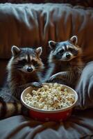 Adorable Raccoons Enjoying Popcorn Together on a Cozy Couch photo