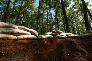 a military unit strategically employs sandbags as a defensive wall, creating a fortified barrier to enhance their safety and protection, showcasing the tactical use of simple yet effective measures photo