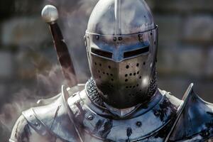 Medieval Knight in Armor with Helmet and Sword in Historical Battle Scene photo