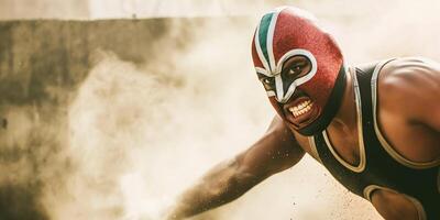 Intense Luchador with Red Mask in a Dusty Arena Displaying Strength and Determination photo