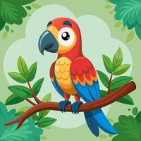 Cartoon parrot sitting on a branch in the jungle vector