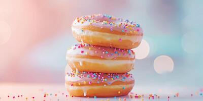 Stack of Glazed Donuts with Colorful Sprinkles and Bokeh Background photo