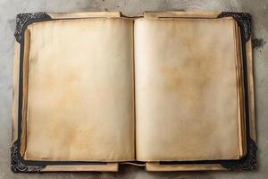 Vintage Open Book with Blank Pages on Rustic Wooden Surface photo