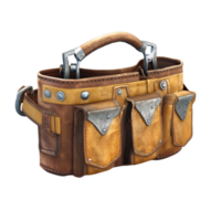Brown Leather Tool Belt with Multiple Pockets Handle, and Shiny Finish png