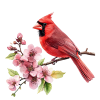 Red Cardinal Perched on a Branch Adorned with Pink Flowers png