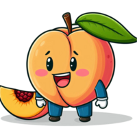 Smiling Orange Peach Cartoon Character with Green Leaf and Peach Slice png
