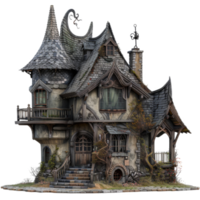An Enchanting and Mysterious Stone and Wood Cottage with a Tower and Winding Path png