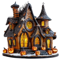 en pepparkaka hus dekorerad för halloween, upplyst med värma lampor png
