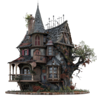 A whimsical, multi-level, stone and wood house with a tree growing from its side png