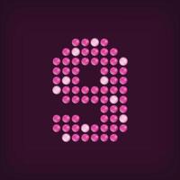 Unique led dot 9 letter design. LED glowing letters font. Decorative number isolated. vector