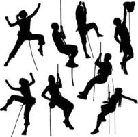 climbing in mountains silhouettes in different poses vector