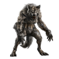 A ferocious werewolf with sharp claws and teeth, baring its fangs in a menacing growl. png