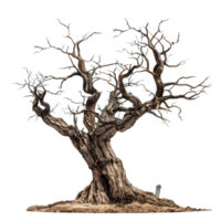 Ancient, Dead Tree With Twisted Branches and a Stone Marker png
