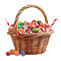 A wicker basket overflowing with colorful candy and candy canes png