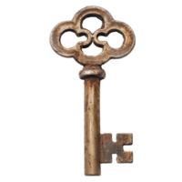 An intricately designed antique key with a worn, rusty finish. png