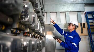 Electrical maintenance engineer is checking .Electricity meter, main distribution board and write down value of electricity on a clipboard photo