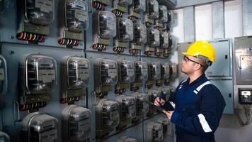 Electrical maintenance engineer is checking Electricity meter, main distribution board and write down value of electricity on a clipboard photo