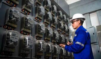 Electrical maintenance engineer is checking .Electricity meter, main distribution board and write down value of electricity on a clipboard photo