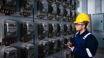 eléctrico mantenimiento ingeniero es comprobación electricidad metro, principal distribución tablero y escribir abajo valor de electricidad en un portapapeles foto