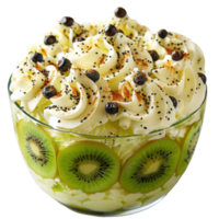 Kiwi trifle with whipped cream and vanilla ice cream with kiwi slices and currant topping in glass bowl. Clip art and element png