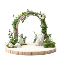 Rustic wedding arch adorned with greenery and white flowers on a wooden platform png