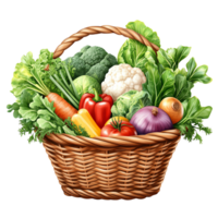 A wicker basket filled with a variety of fresh vegetables including tomatoes, broccoli, lettuce, peppers, and onions. png