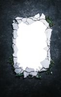 Broken wall mirror frame on a dark textured background with greenery peeking through. Great for design and conceptual photography. png