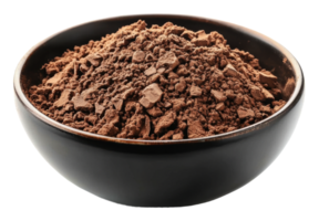 Cocoa powder in a black bowl on a white surface png
