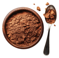 Rich cocoa powder in a wooden bowl and spoon png