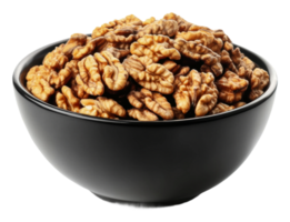 A black bowl filled with fresh walnuts on display png