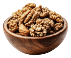Freshly shelled walnuts in a rustic wooden bowl png