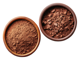 Cocoa powder and chocolate pieces in wooden bowls png