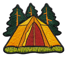 Colorful patch with tent and trees, cut out - stock . png