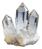3 clear quartz points on mineral base, cut out - stock . png