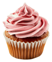 Delicious cupcake with pink frosting on display, cut out - stock . png