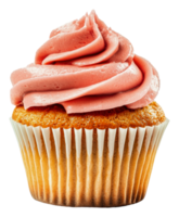 Delicious cupcake with pink frosting on display, cut out - stock . png