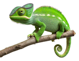 Green chameleon resting on a branch in nature, cut out - stock . png