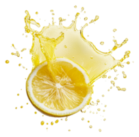Lemon slice splashing into bright citrus juice, cut out - stock . png