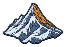 Embroidered mountain patch with detailed design, cut out - stock . png