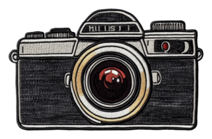 Vintage camera patch with intricate design details, cut out - stock . png