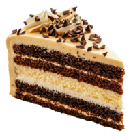 Moist chocolate cake slice with creamy frosting, cut out - stock . png