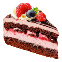 Chocolate raspberry cake slice with cream, cut out - stock . png