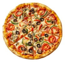 Delicious pizza topped with vegetables and meats, cut out - stock . png