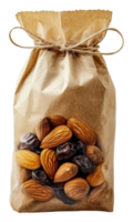 Bag of assorted nuts and dried fruits on display, cut out - stock . png